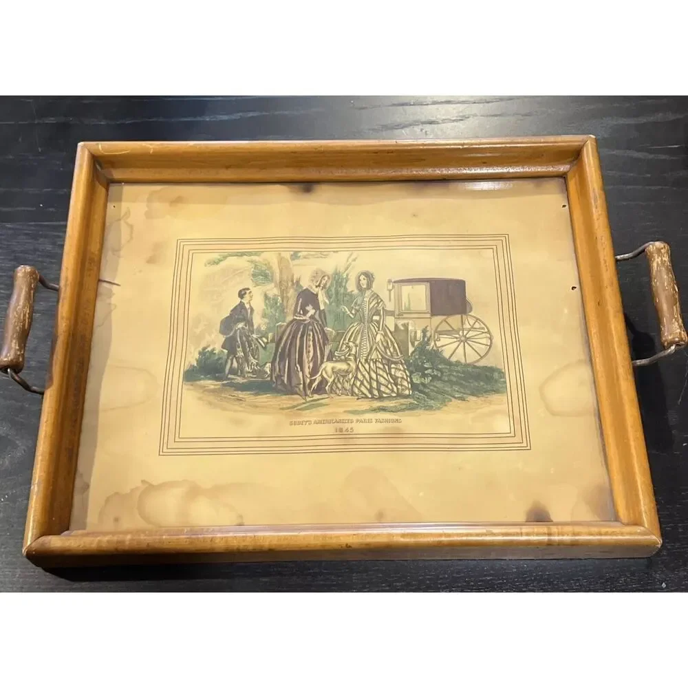 ANTIQUE GODEY LADIES Fashion Print Tray Vanity Service Wooden Glass